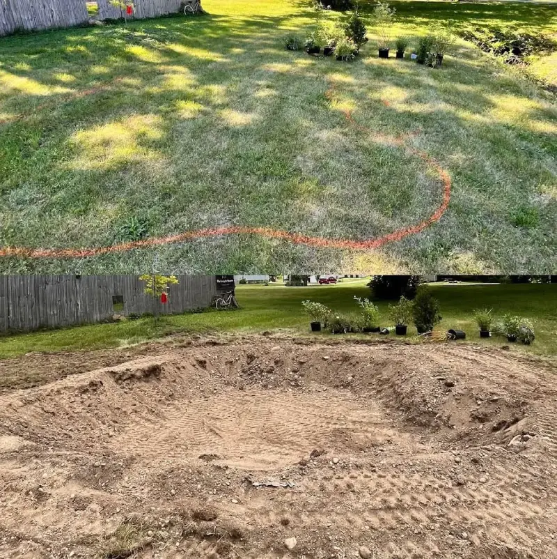 Before and after pond excavation in residential yard.