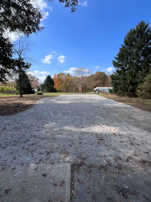 Completed gravel pad or gravel driveway area on residential property.