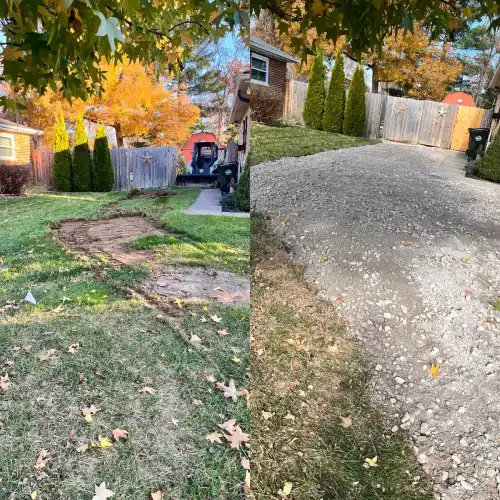 Before and after gravel driveway installation in residential yard.